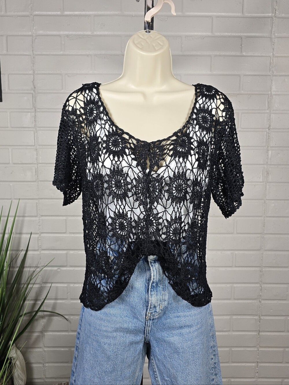 Black Crochet Short Sleeve Women's Top